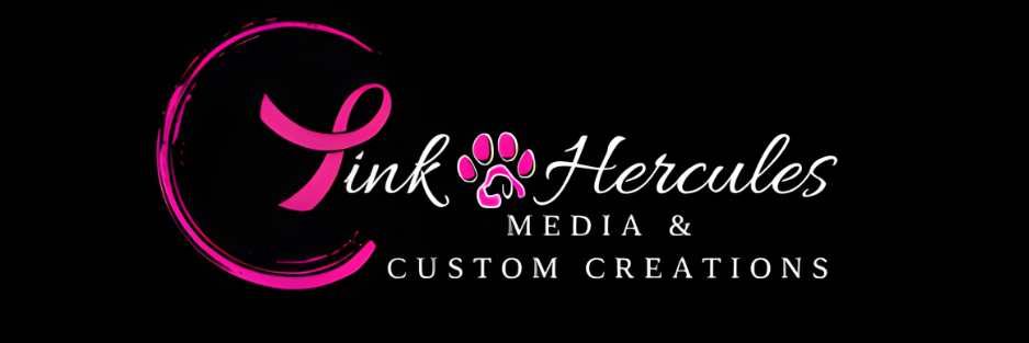 Logo for Pink Hercules Media & Custom Creations featuring pink and white text, a pink paw print, and a pink swirl design on a black background.