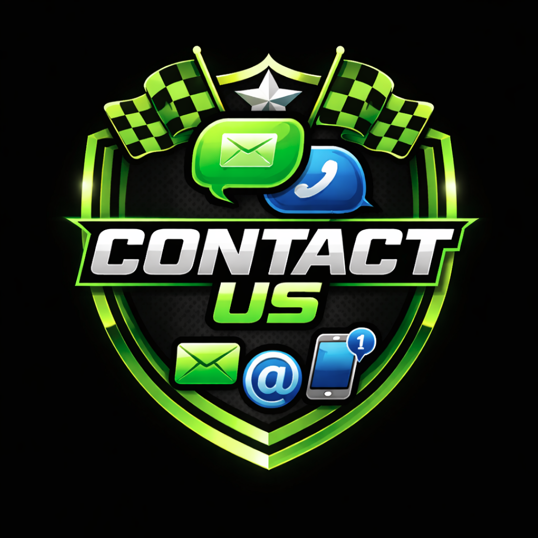A digital badge with a shield design featuring checkered flags, a star, and icons of email, phone, at symbol, and a mobile notification, with the text "Contact Us" in bold.