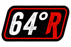 Rally car logo with the number 64 and the letter R in red, set on a black and red background.