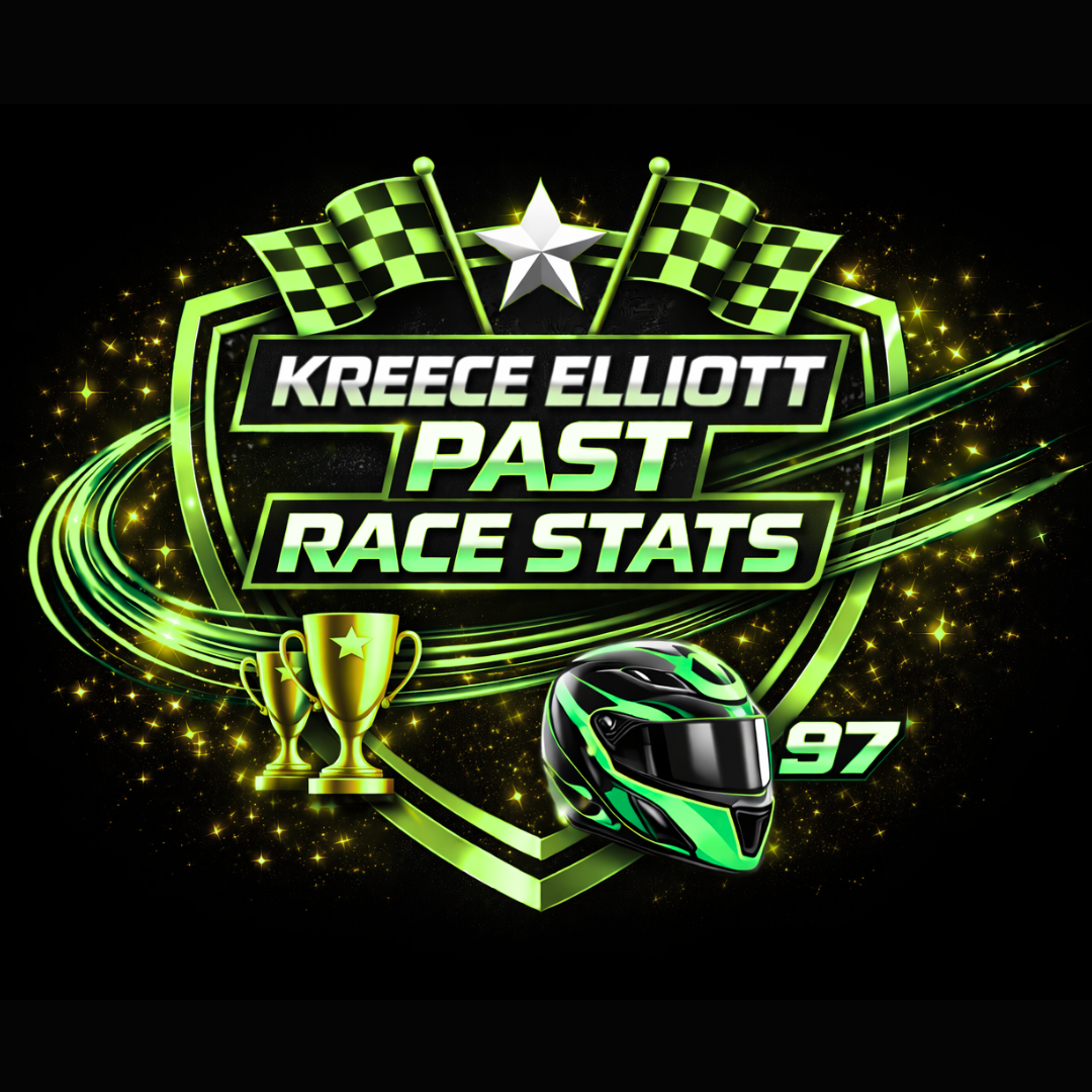 Graphic with racing theme, including checkered flags, a star, trophies, a racing helmet, and the text 'Kreece Elliott Past Race Stats' in neon green and white on a black background.