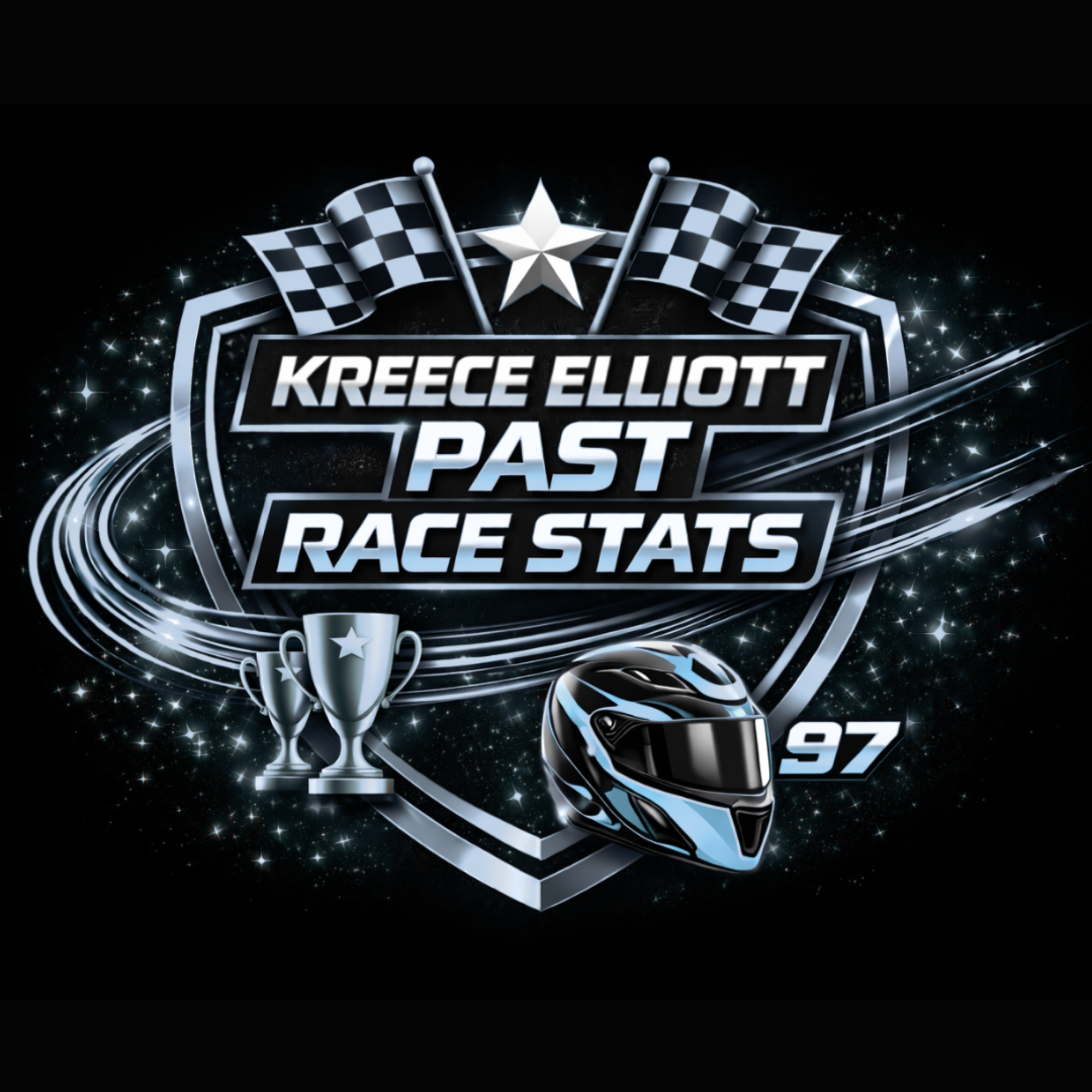 Graphic design featuring checkered racing flags, a silver star, a racing helmet, and trophies, with the name 'Kreece Elliott' and race statistics.