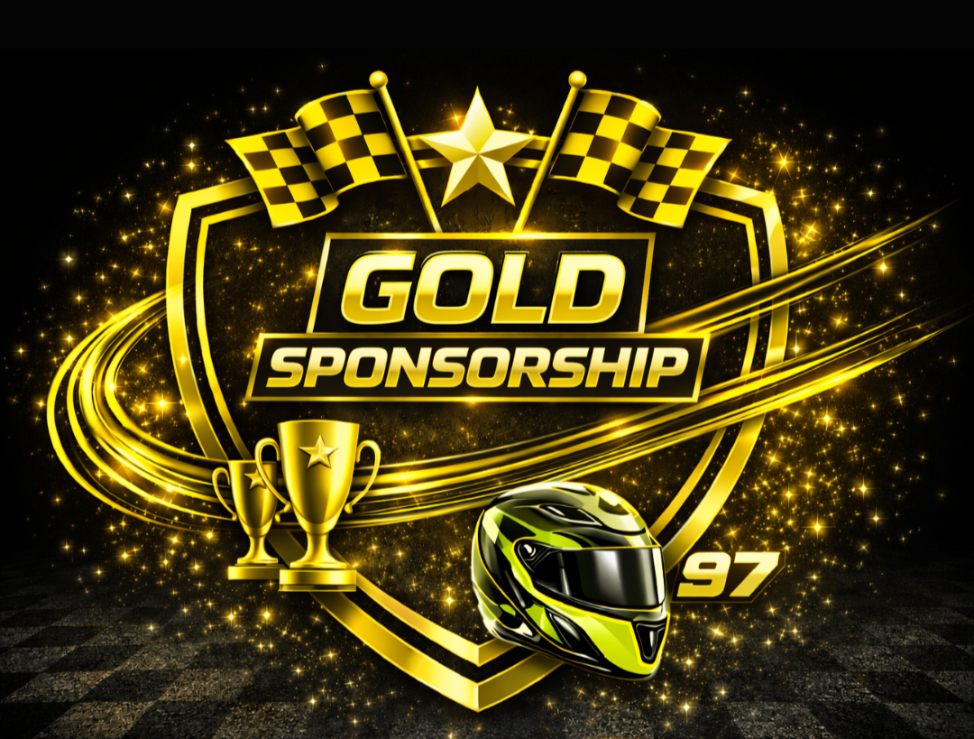 Gold sponsorship logo with racing theme, featuring checkered flags, a star, a shield, trophies, a racing helmet, and the number 97 on a sparkly black background.