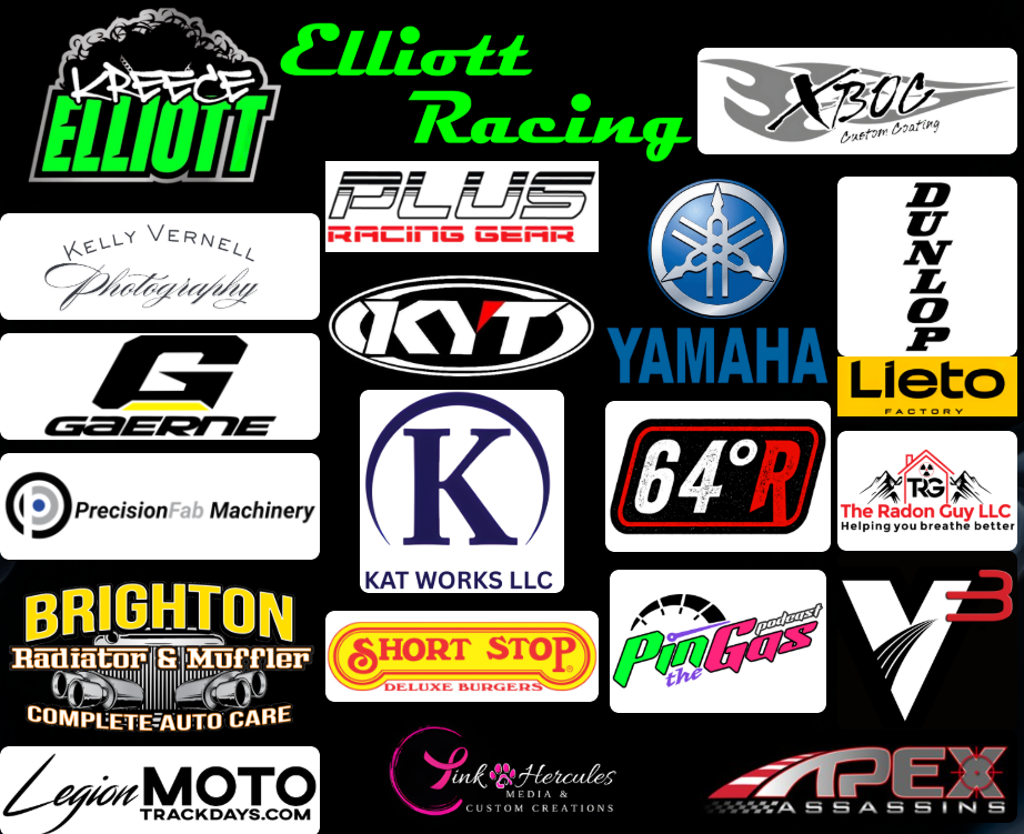 A collage of various business logos including Elliott Racing, KB Custom Coating, Yamaha, Dunlop, Georgia Fuel, KAT Works LLC, Short Stop Deluxe Burgers, The Radon Guy LLC, Pink the Gus, APEX Assassin, and others.