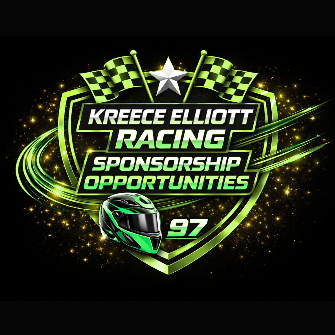 Green and black racing helmet with racing flags, star, and checkered flags, promoting sponsorship opportunities in racing for Kreece Elliott, with the number 97 and dynamic neon green streaks and stars on a black background.