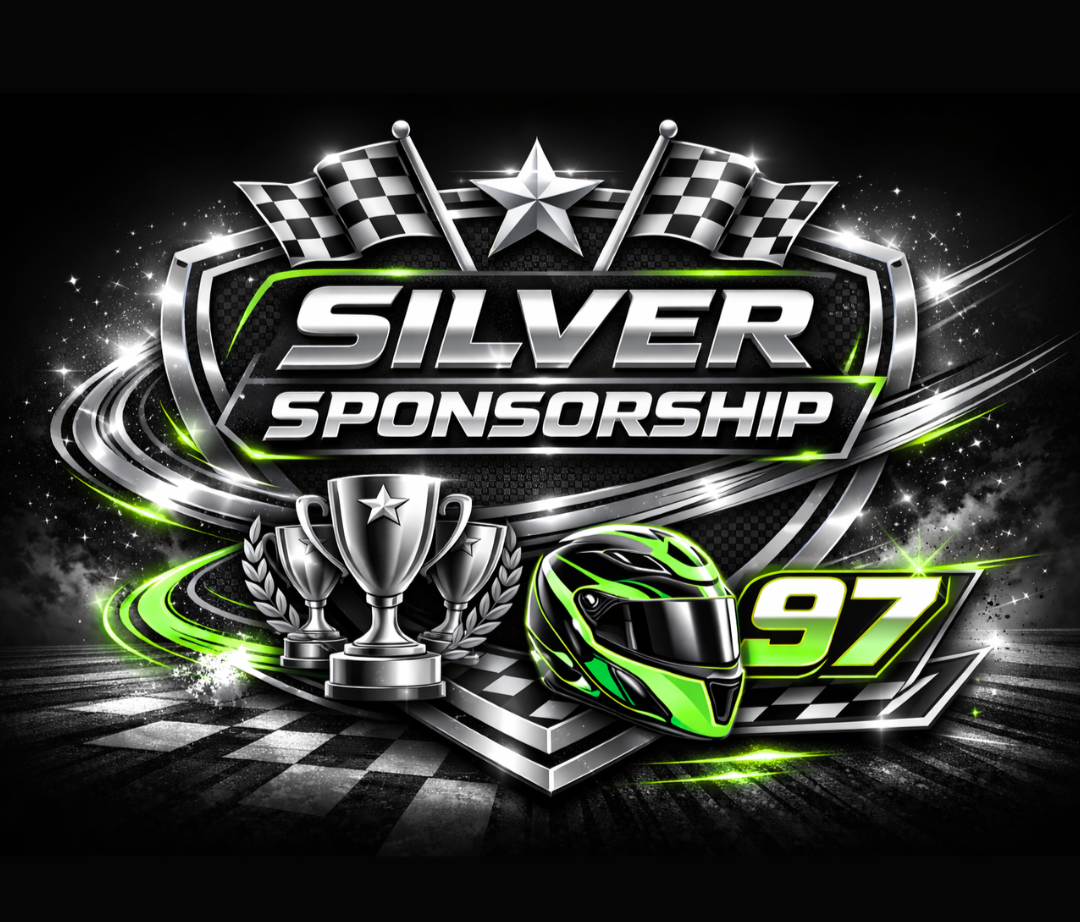 Graphic design celebrating a motorsports sponsorship with checkered flags, trophies, a racing helmet, and racing number 97, titled 'Silver Sponsorship' with green accents on a black background.