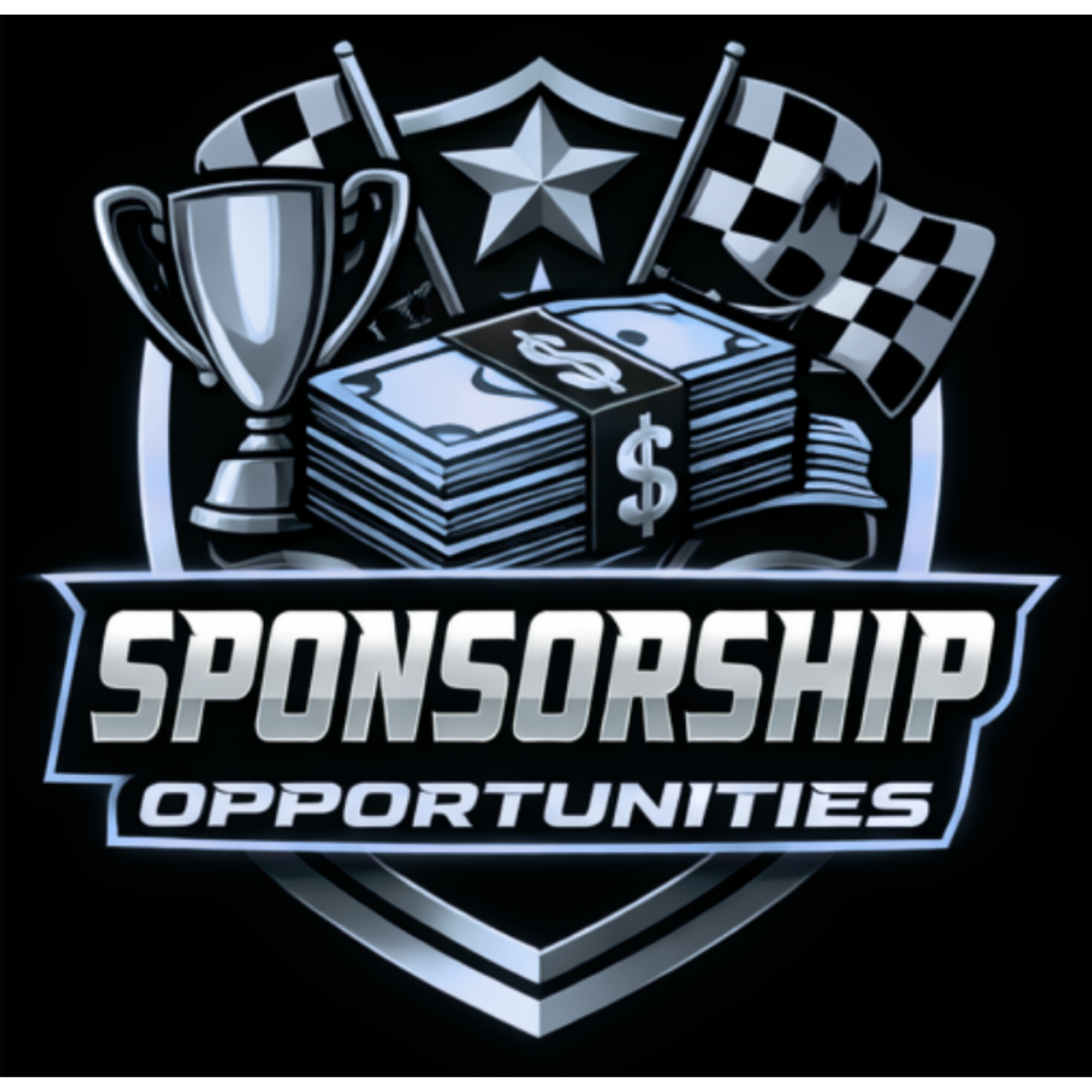 A logo with a shield shape featuring a star, checkered flag, trophy, and stacks of money, with the words 'Pro Sports Opportunity' underneath.