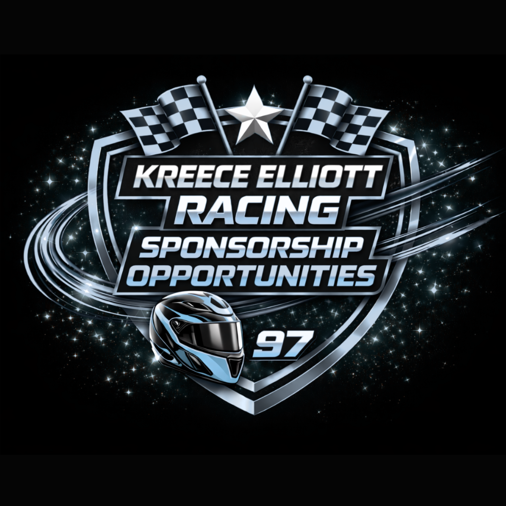 A racing-themed graphic with checkered flags, a racing helmet, and text for sponsorship and opportunities.