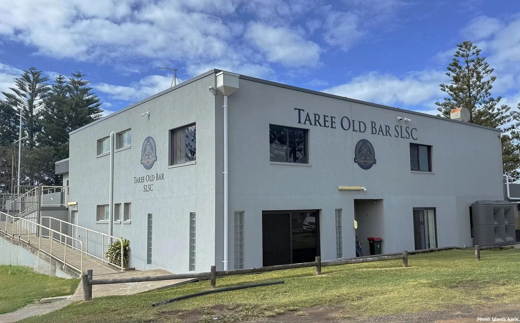 A view of the western side of the Surf Club as seen when approaching by car from Old Bar Road.  Parking is available on this side of the Clubhouse and at the back on the southern side.  Entry to the function area is initially by double doors in the m