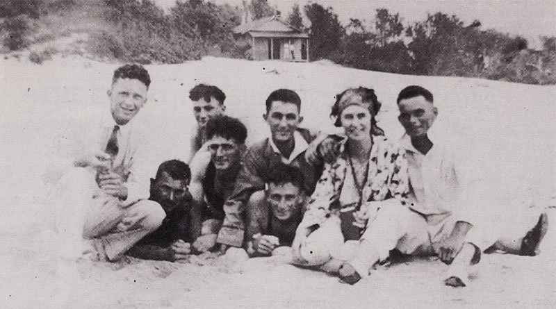 The First Clubhouse (background) with W.Humphries, L.Badger, J.Cornish, J.McKinnon, T. Mudford, T.Smith