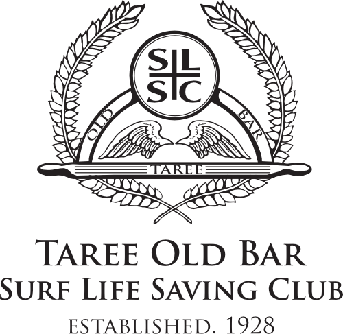 Logo for Taree Old Bar Surf Life Saving Club with text and emblem including wings, laurel branches, and a surfboard.
