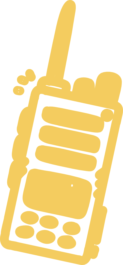A yellow illustration of a classic walkie talkie with an antenna and dial pad.