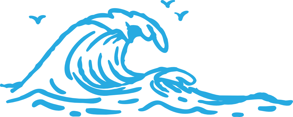 Blue line drawing of a large ocean wave with three seagulls flying above it.