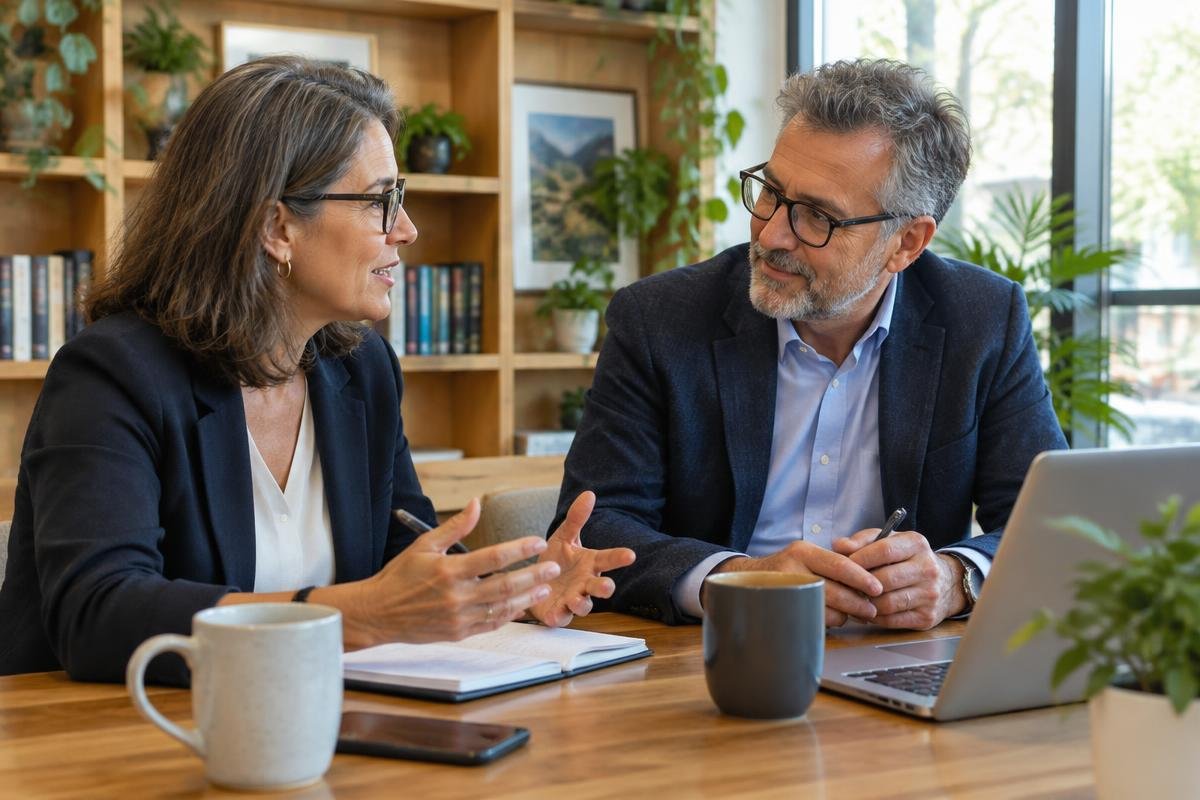 man and women sitting at table discussing something