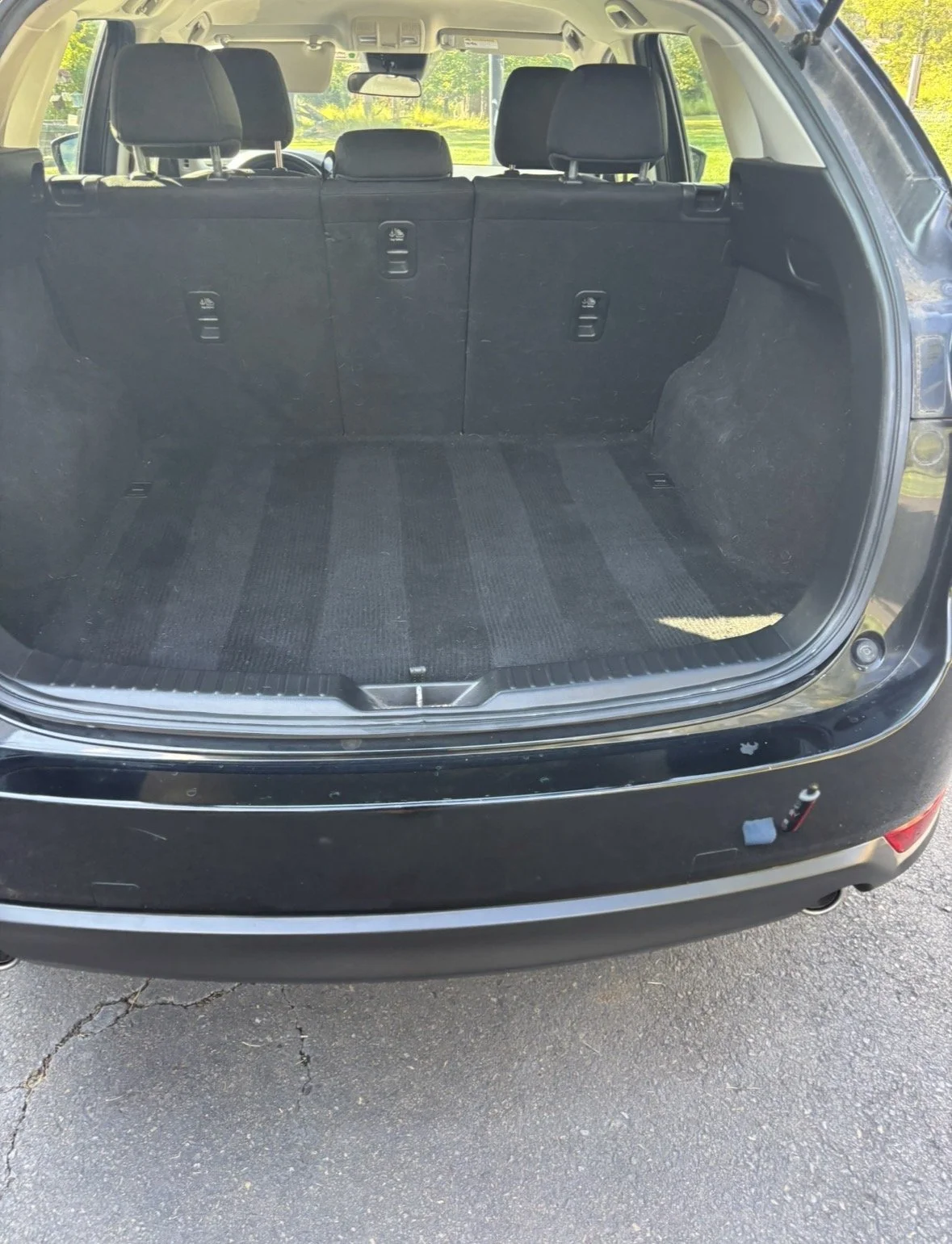 Empty black SUV trunk interior with three black headrests and a view of trees outside.