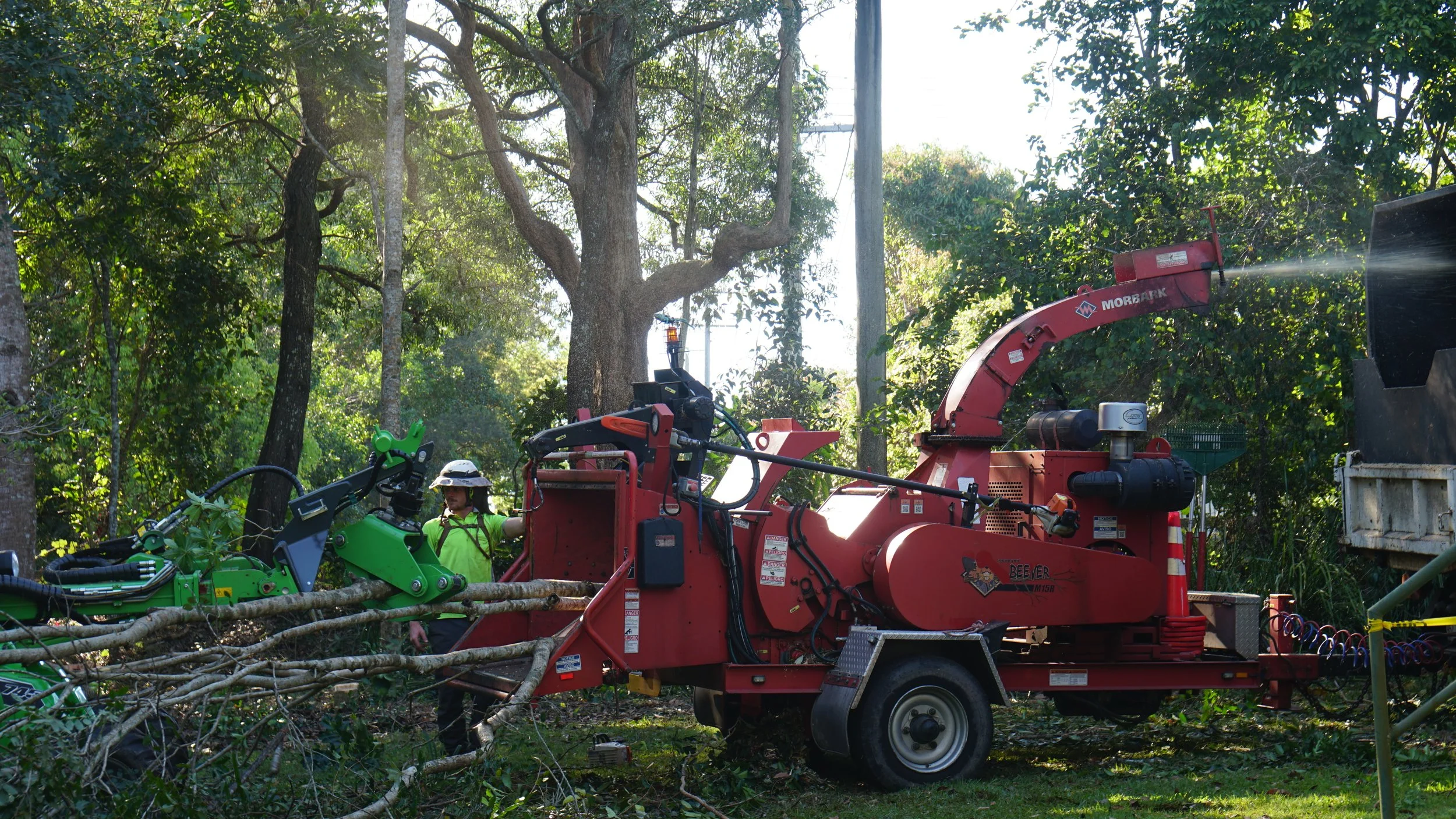 feeding branches into chipper using grab