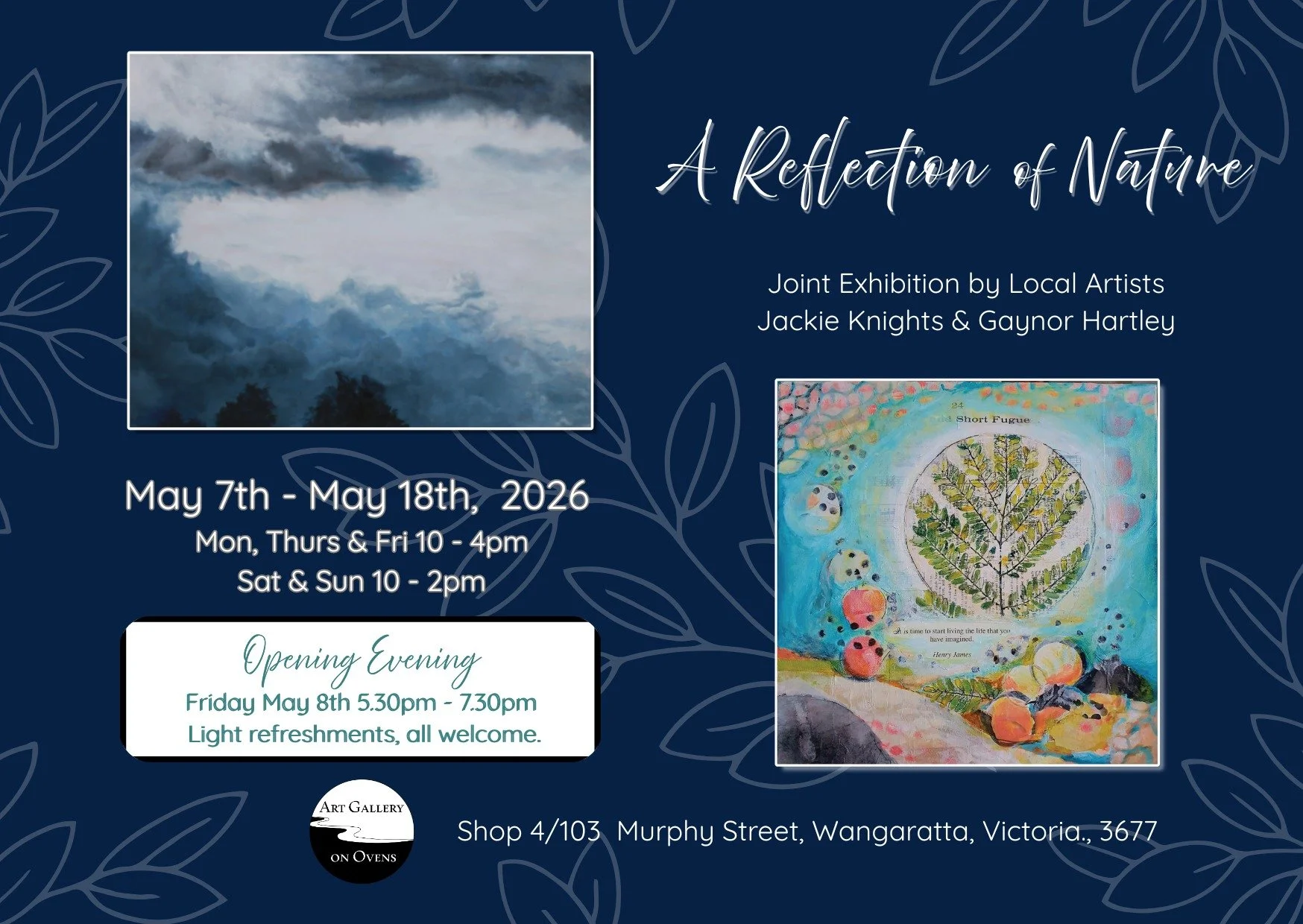 Art exhibition in Wangaratta.  Collage botanical art and clouds