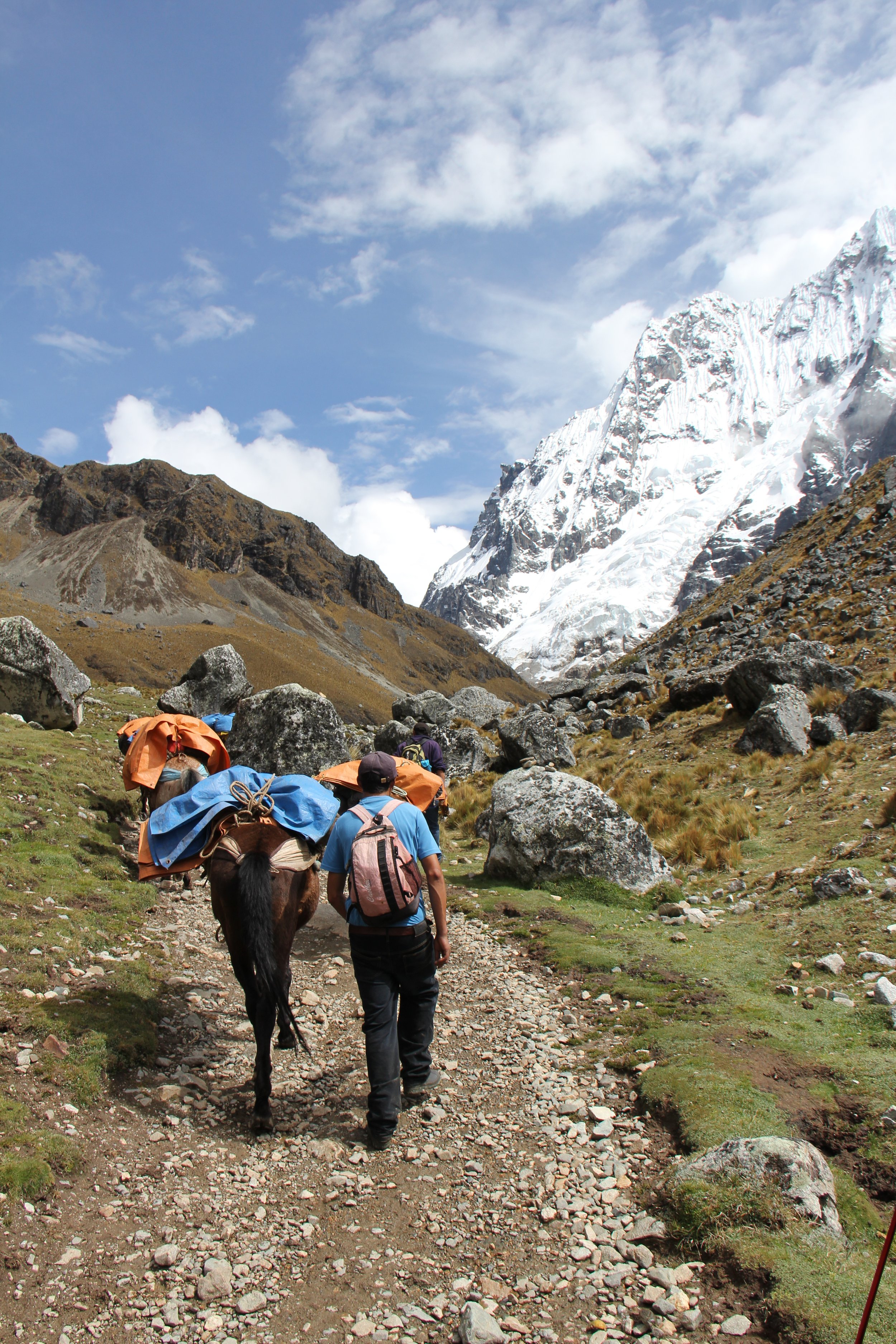 Hikers walking a rocky trail in a mountainous area with large boulders, green grass, snow-capped peaks, and a partly cloudy sky.