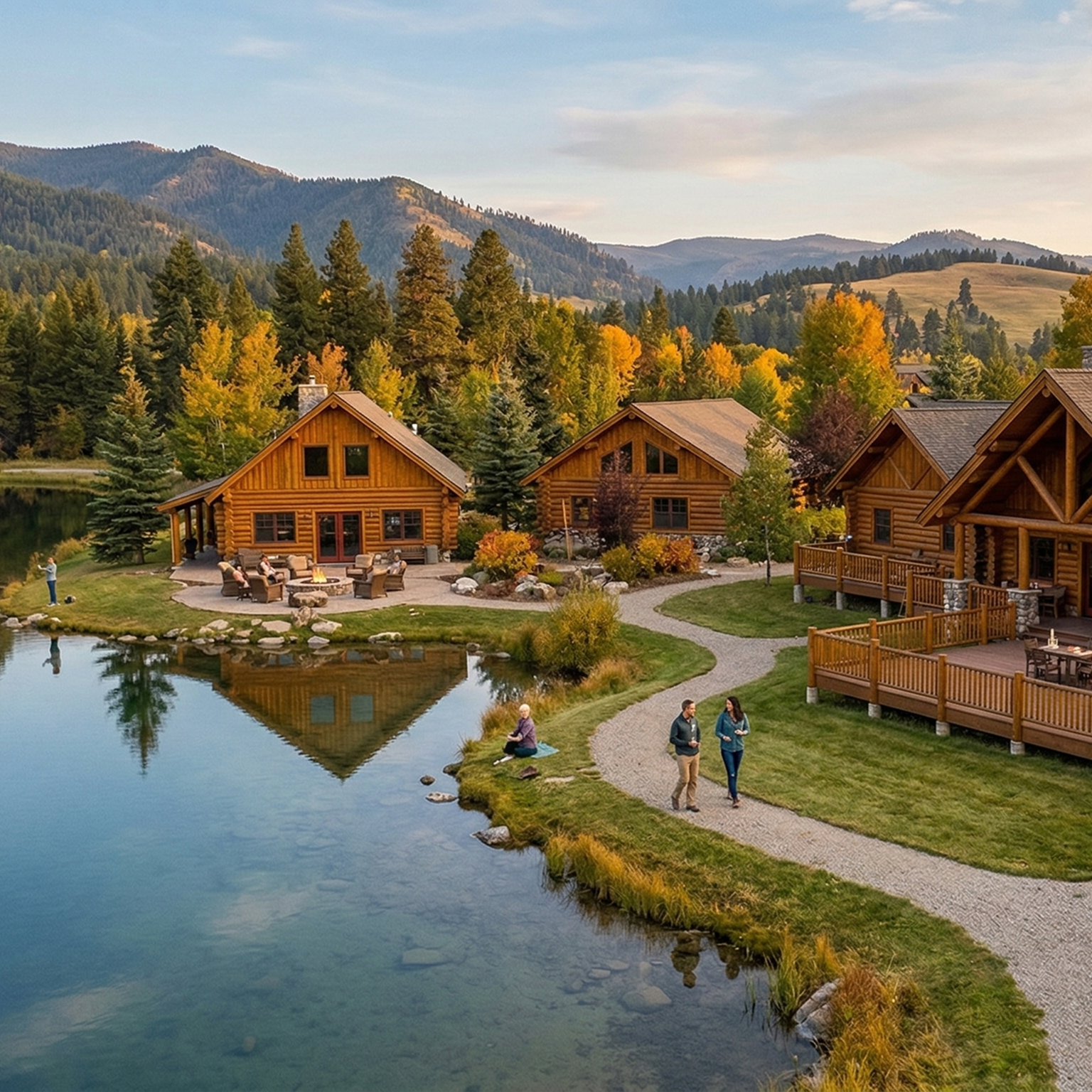 Group Coaching retreat location for executive coach Greg Chambers. Log cabin-style houses near a calm lake surrounded by trees in fall colors, with mountains in the background.