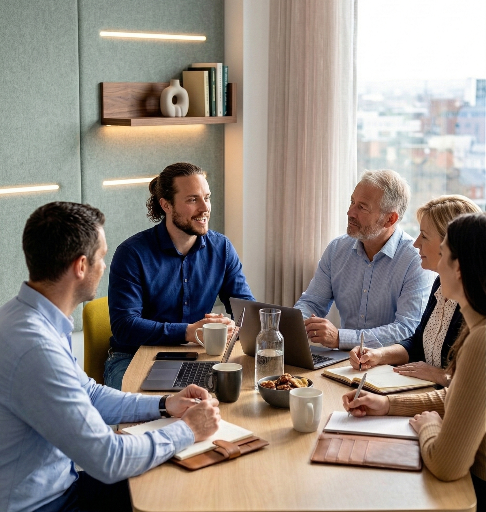 Corporate and group coaching session lead by executive coach Greg Chambers. The group look engaged and thoughtful.
