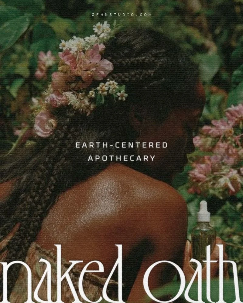 A woman with braided hair adorned with flowers, surrounded by greenery and pink blooms, holding a dropper bottle.