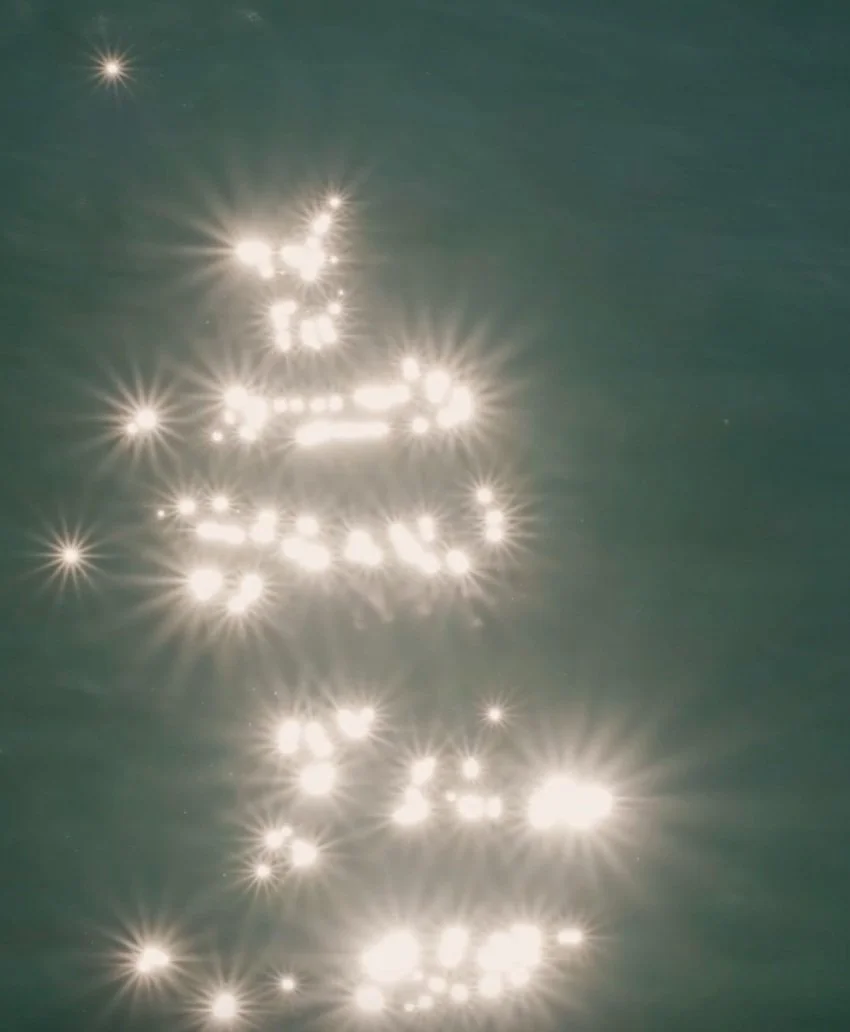 Sunlight reflecting off the surface of a body of water, creating bright, star-like sparkles.
