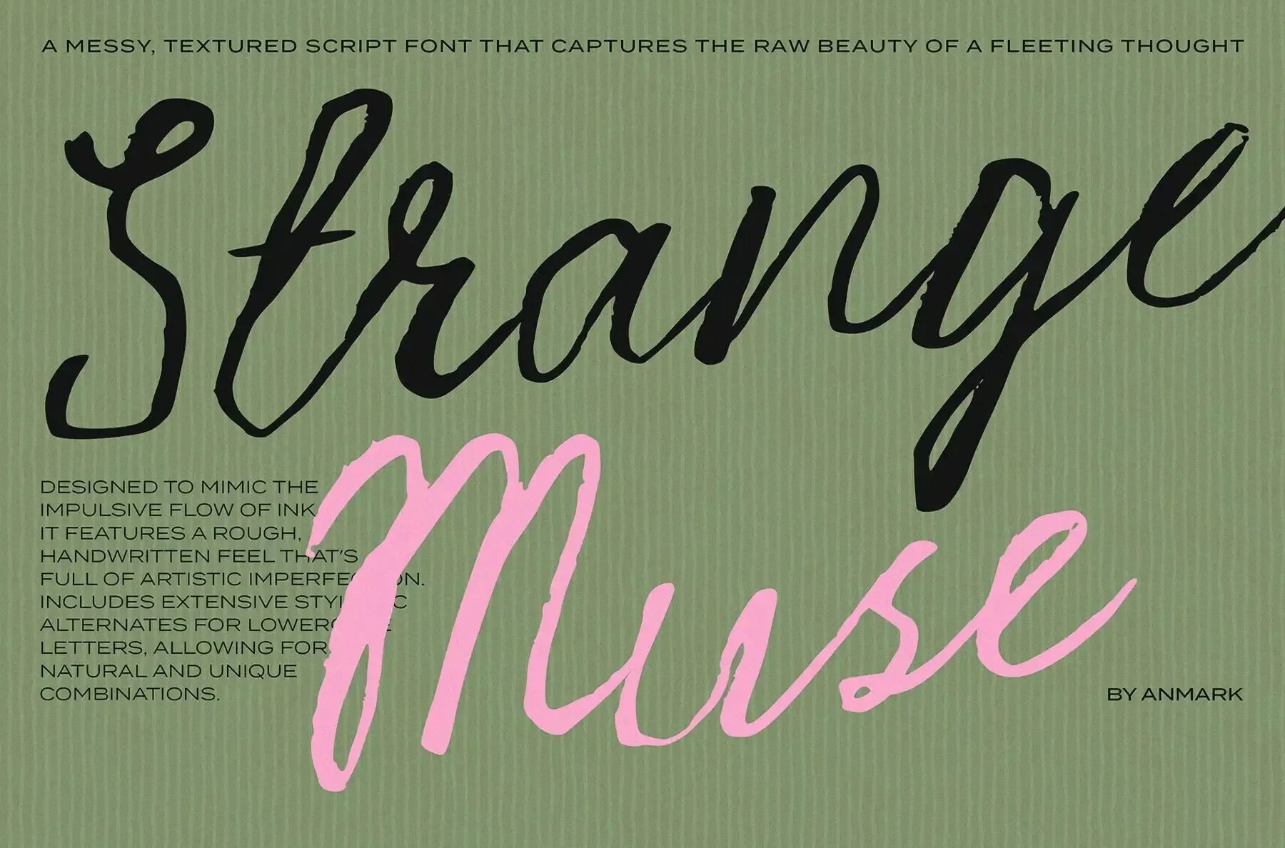 Close-up of a product packaging with a textured green background, featuring black and pink handwritten-style text that describes a script font designed to mimic ink flow with a rough, artistic feel.