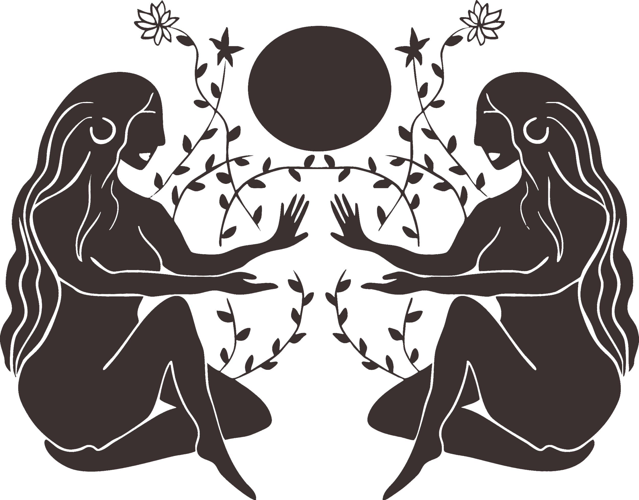 Two mirrored female figures with long hair touching at the palms, facing each other, with a circle and floral designs above and around them.