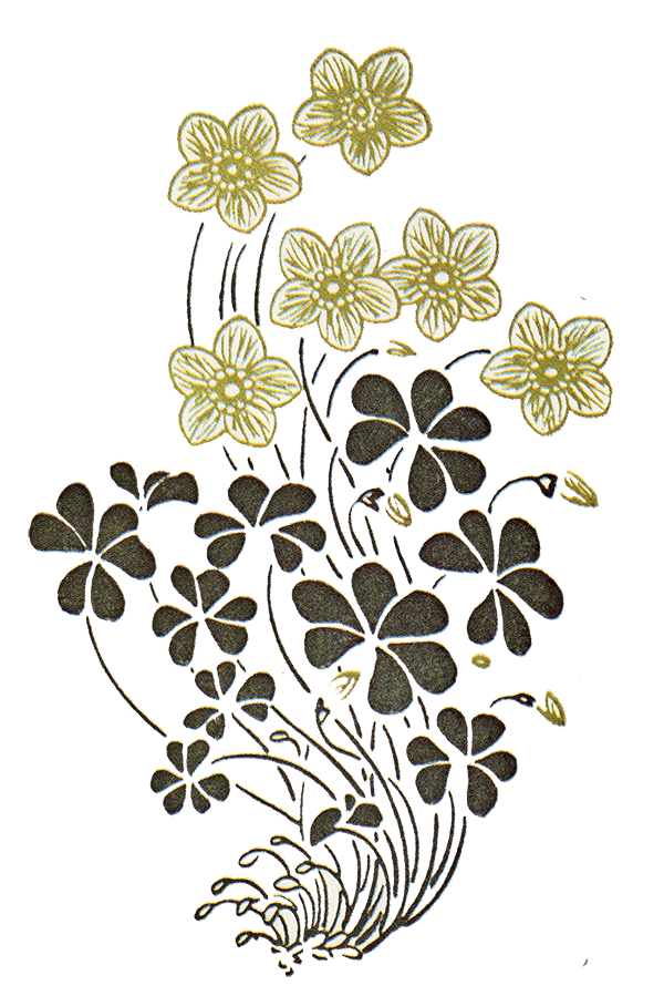 Illustration of yellow three-leaf clovers and flowers on a black background.