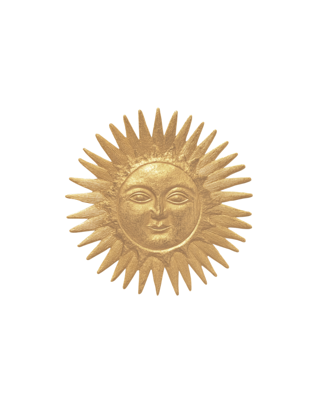 Gold sun-shaped ornament with a smiling face and radiating rays.
