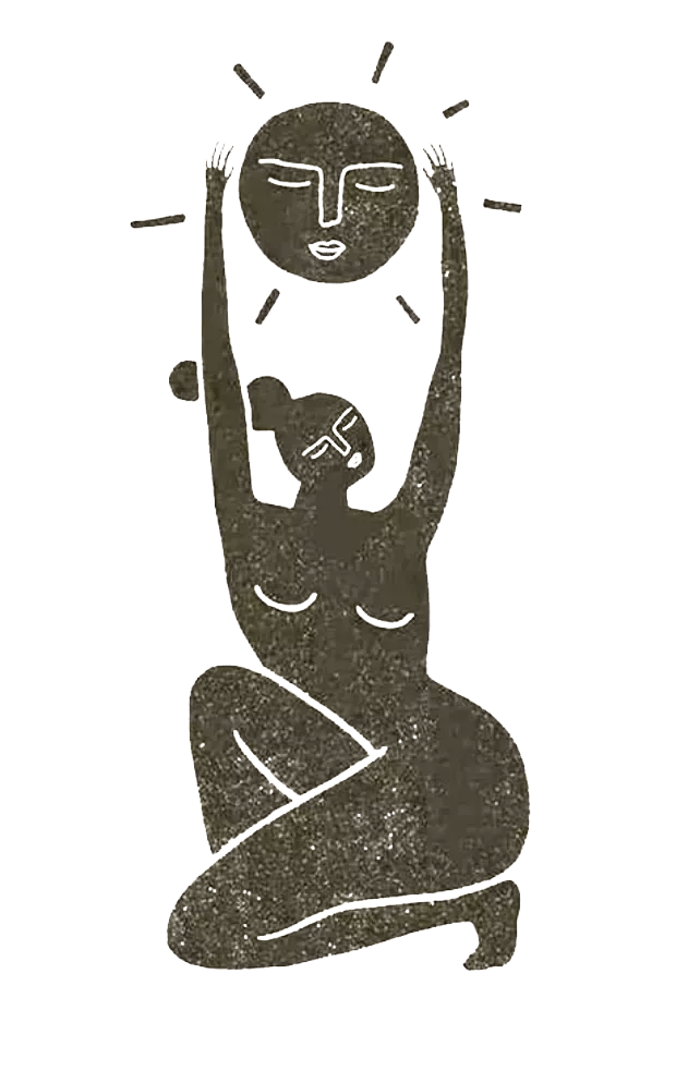 A stylized, abstract illustration of a person with a large, round face holding a yoga pose, with a textured surface and minimalist features, set against a plain background.