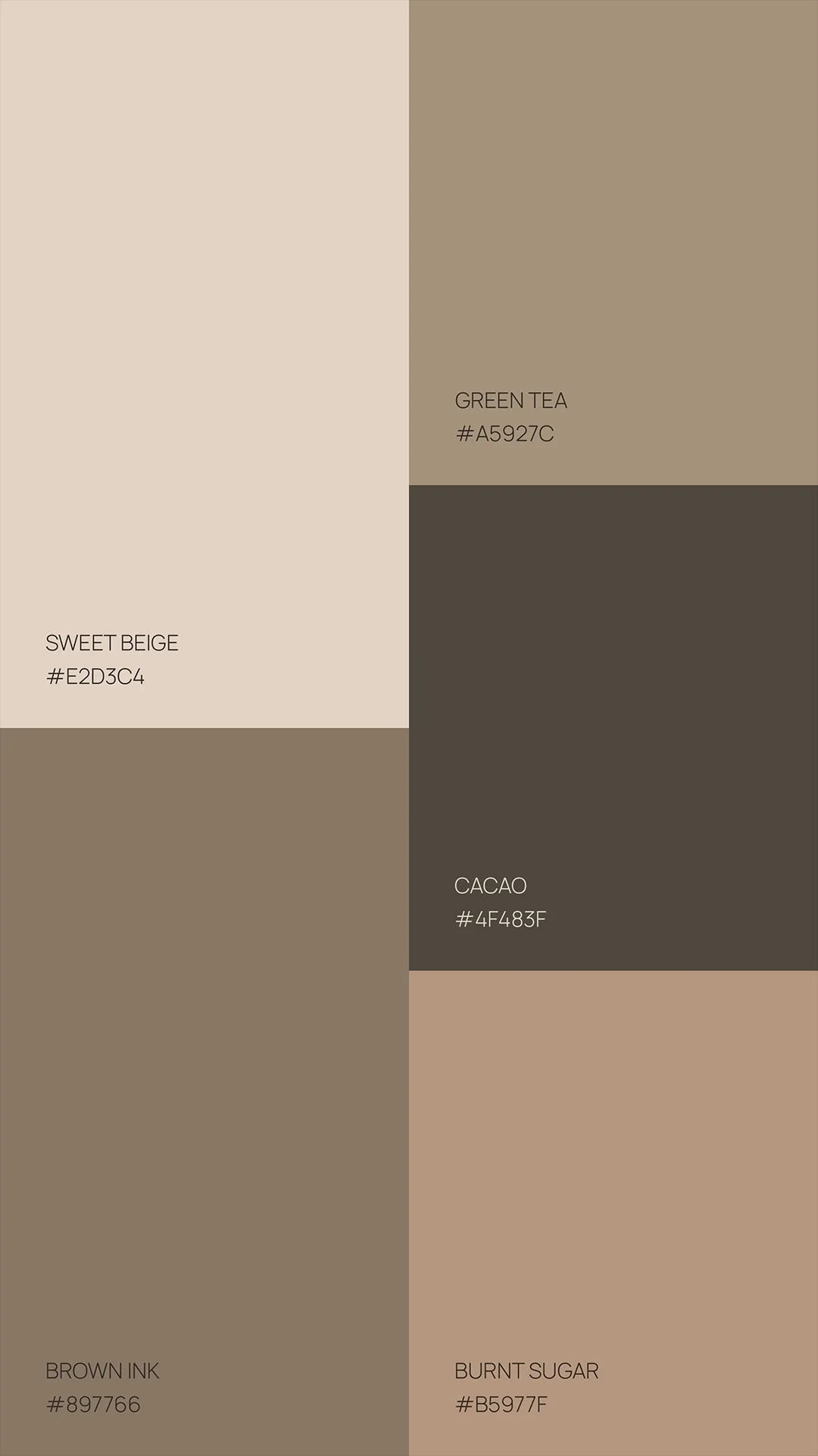 Color palette featuring six shades: Sweet Beige, Green Tea, Cacao, Brown Ink, Burnt Sugar, with their respective hex color codes.