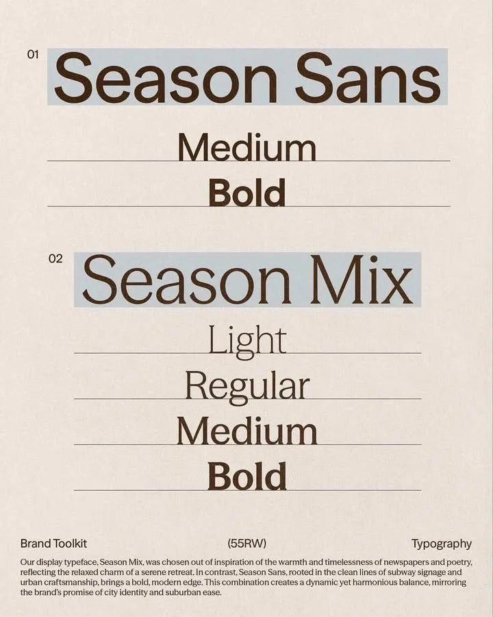 A design palette featuring font styles and weights from the typeface Season Sans, including Medium, Bold, Light, Regular, and different styles of Medium and Bold in the Season Mix collection.