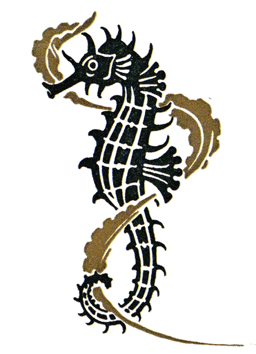 Stylized illustration of a seahorse with brown and white accents on a black background.
