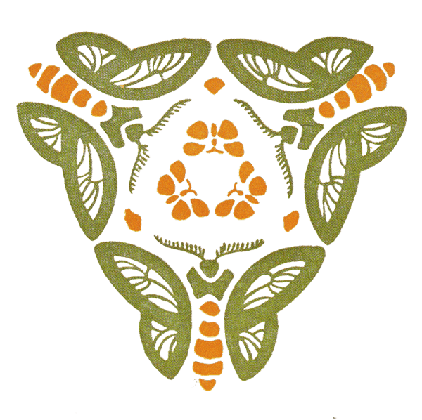 Symmetrical butterfly design with green and orange patterns and cutouts against a black background.