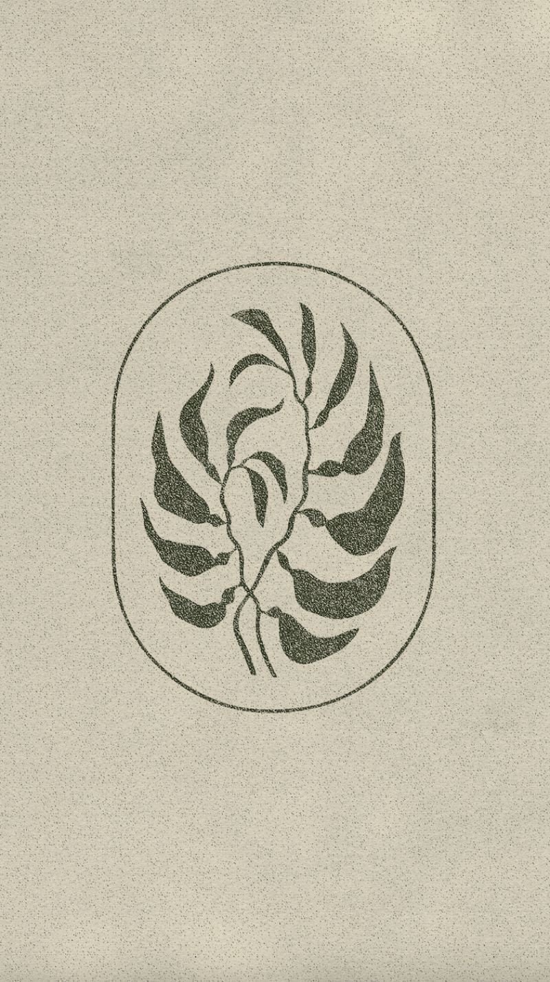 A black and white sketch of a reclining fox within an oval frame, with shading to add depth.