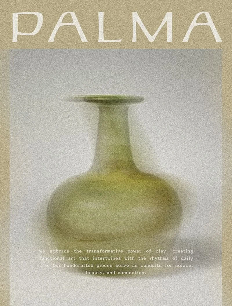 A magazine cover featuring a ceramic vase on a light background, with the title "PALMA" at the top and a paragraph of text below.