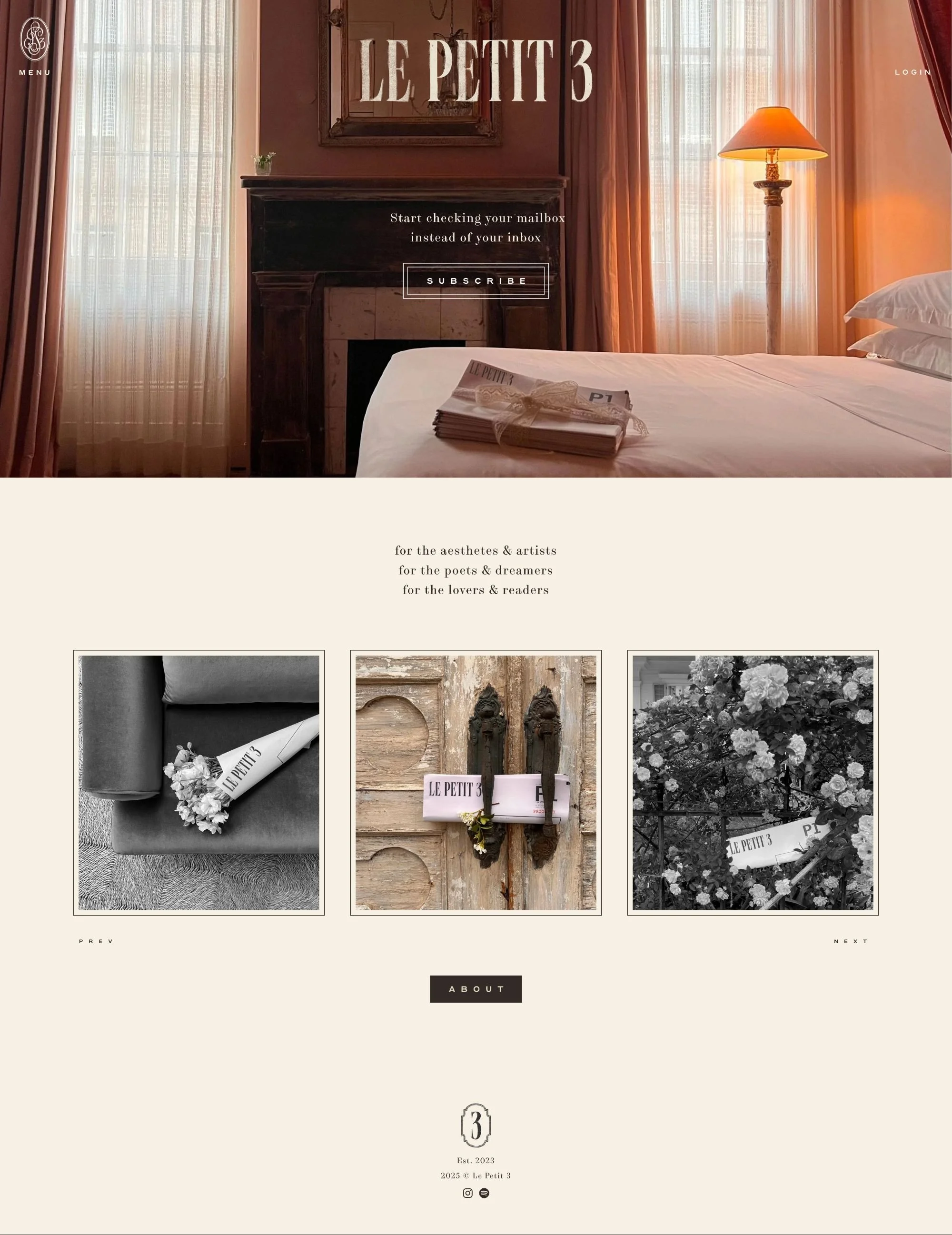  01.1  
A simple minimal homepage with a clear CTA welcomes visitors
