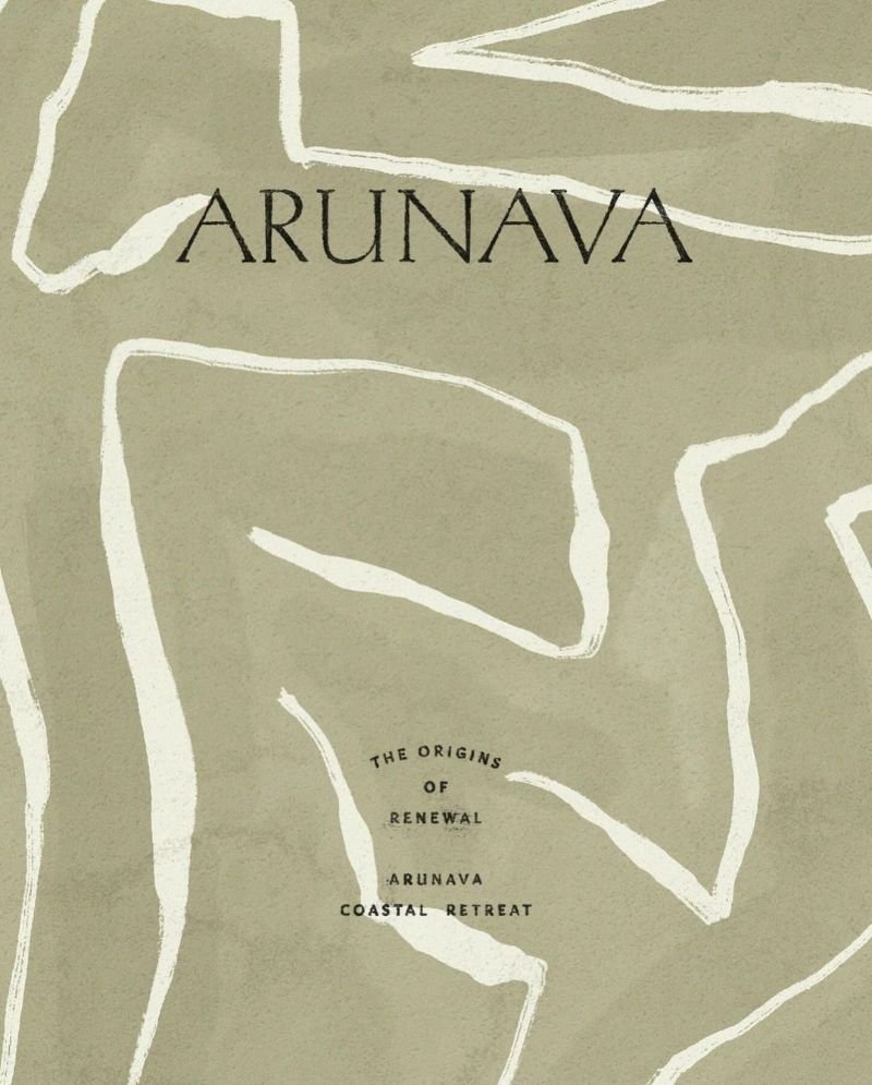 Map of Arinava with the title 'ARUNAVA' and the subtitle 'The Origins of Renewal', indicating it is a coastal retreat.