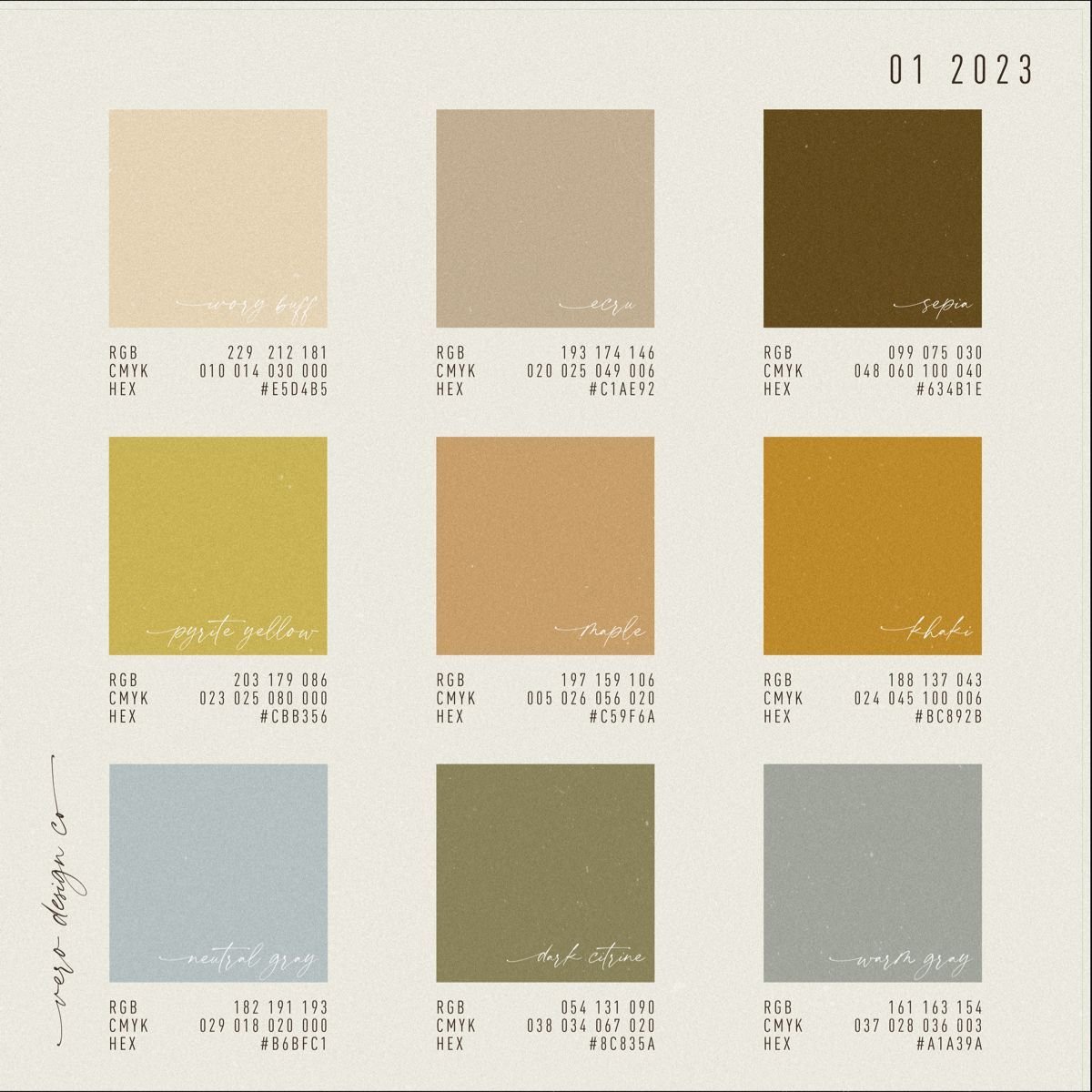 A color palette chart featuring nine color swatches with their RGB, CMYK, and HEX codes. The colors are labeled as ivory buff, ecru, sepia, pyrite yellow, maple, shoki, neutral gray, dark olive, and winter gray. The chart is labeled with the date 01/2023.