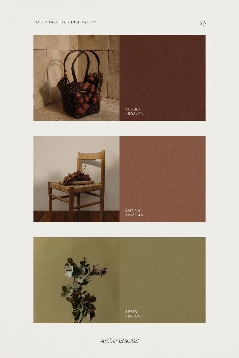 A page from a color palette and inspiration board titled "Color Palette / Inspiration," featuring three color swatches named Russet, Sienna, and Sprig with corresponding sample images and color codes. Russet shows a black basket with purple grapes against a stone wall, Sienna displays a wooden chair with grapes on a plate beside it against a white wall, and Sprig depicts a flower arrangement with green and purple leaves against a muted green background.