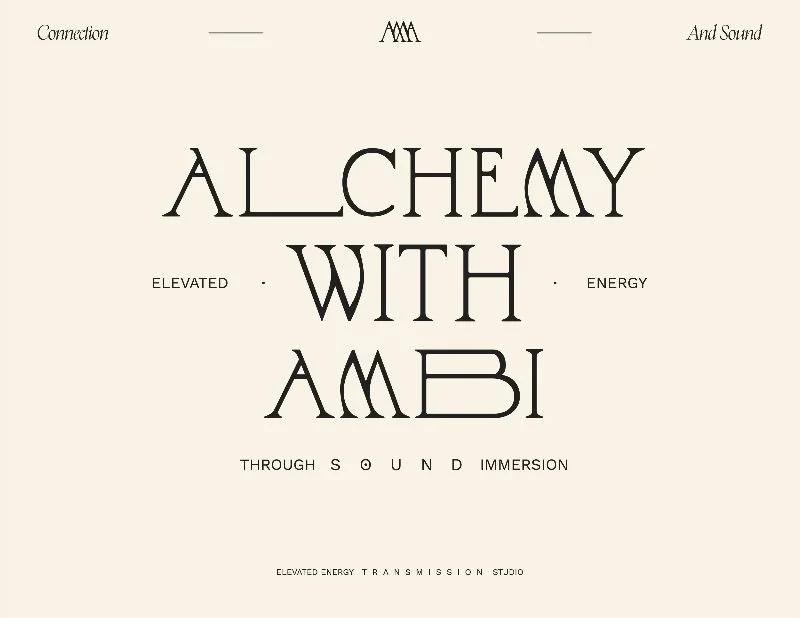 Text-based graphic with the words 'Alchemy with Ambi' in large stylized font, and smaller words 'Connection', 'And Sound', 'Elevated', 'Energy', 'Through Sound Immersion', and 'Elevated Energy Transmission Studio' around it.