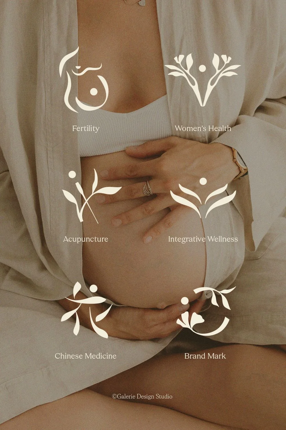 A pregnant woman is cradling her belly with both hands. Overlaid on the image are white icons and labels related to women's health, including fertility, acupuncture, Chinese medicine, integrative wellness, and brand mark. The labels are positioned near corresponding icons around her belly.