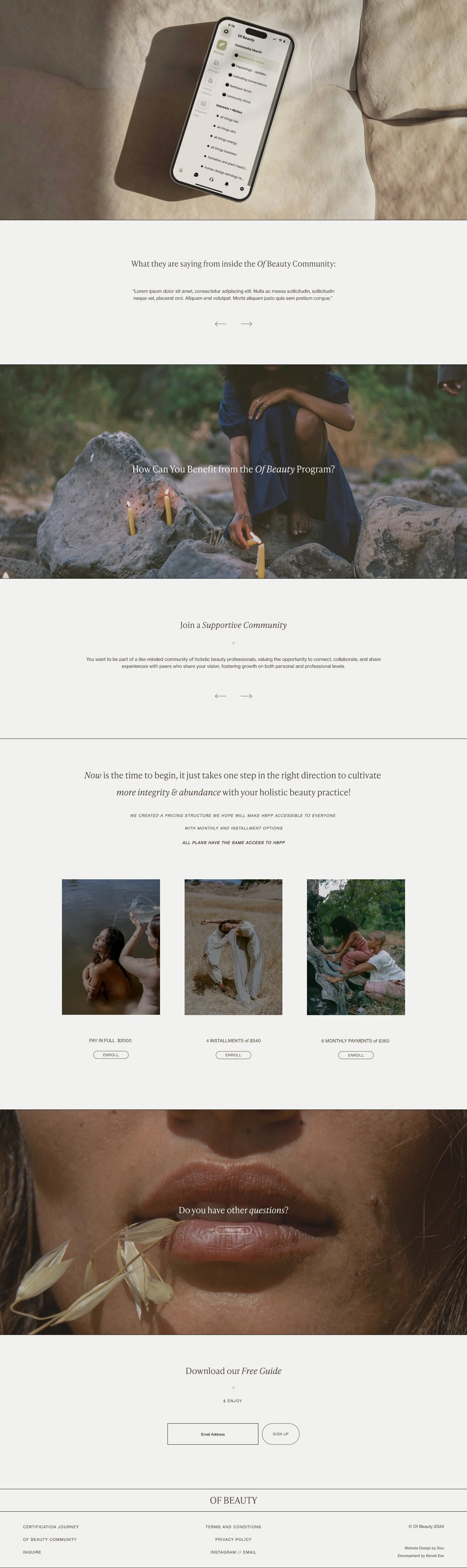  01.3  
A phone mockup highlights the community portal. Testimonial carousels enhance trustworthiness through social proof, and payment plans make program enrollment feel accessible.