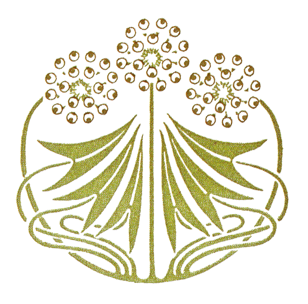 Gold embroidery design of a symmetrical floral pattern with three large flower heads and surrounding leaves.