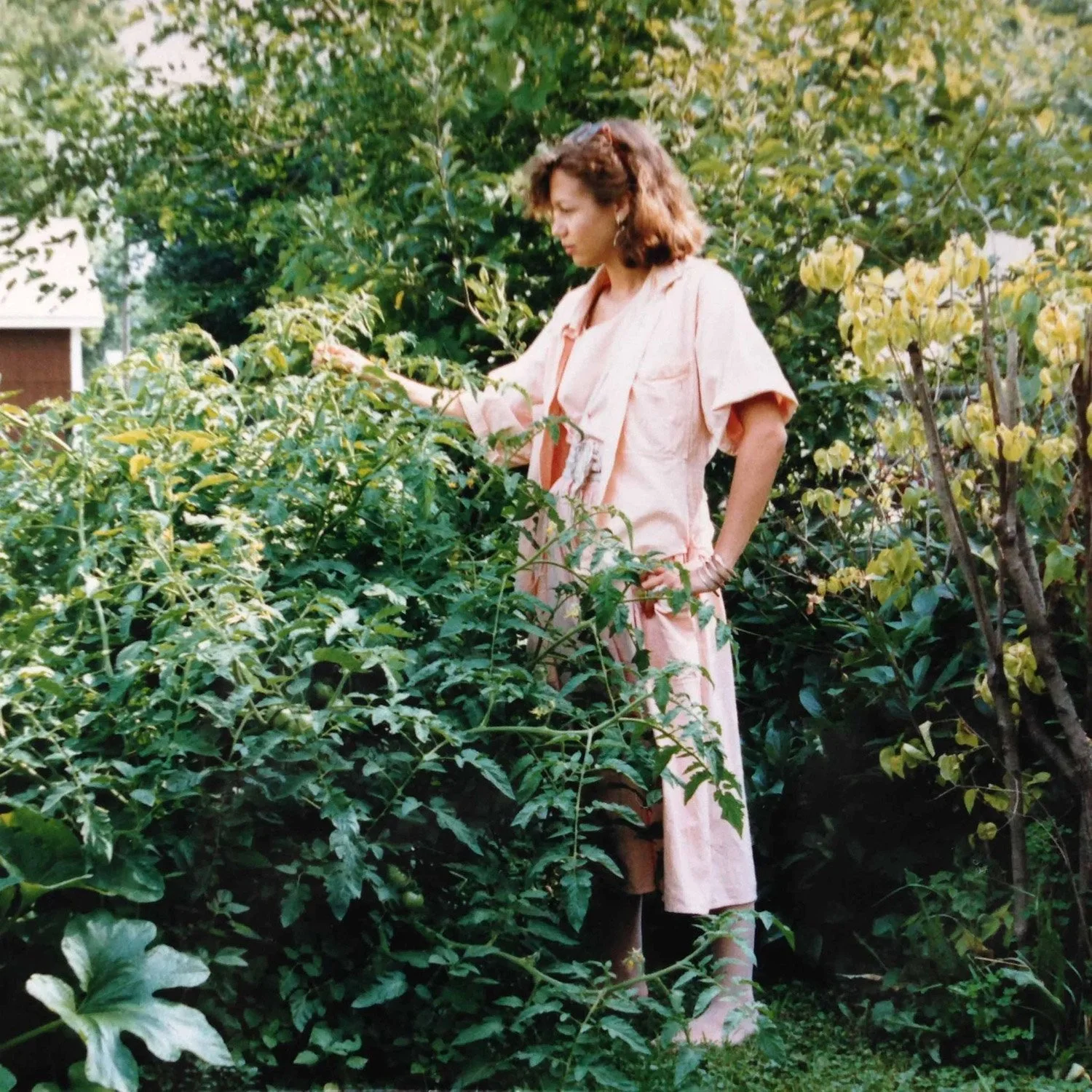 A woman with curly hair dressed in a pink dress and coat, standing among green plants and bushes, looking at the foliage.