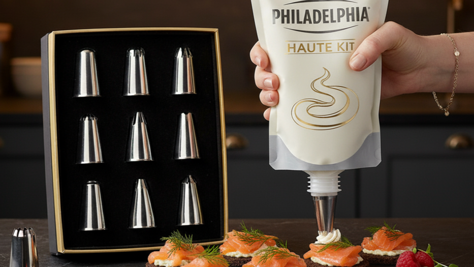 A person with a bracelet using a piping bag to decorate smoked salmon canapés with cream cheese, with a box of stainless steel piping nozzles nearby on a dark wooden table.