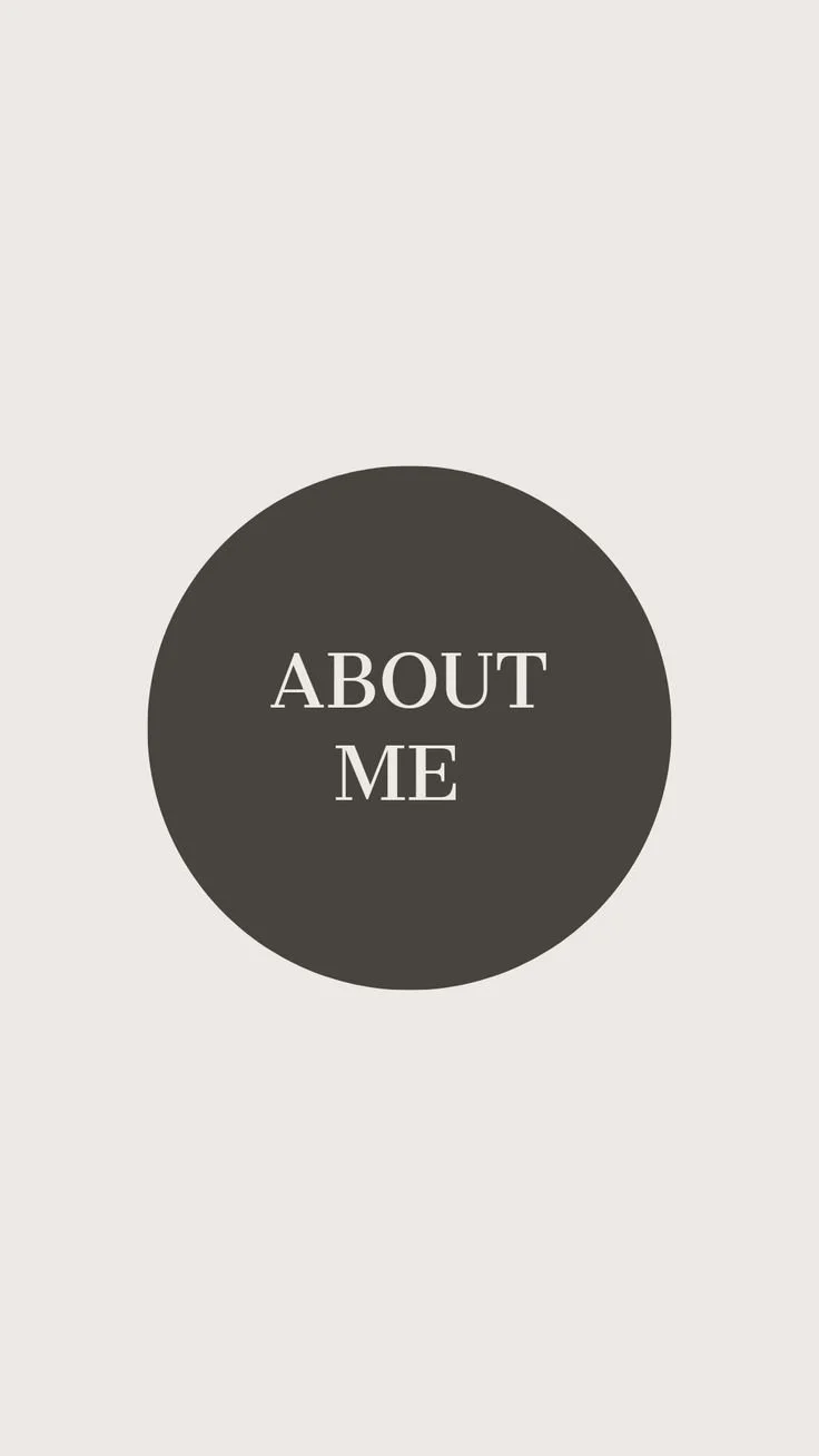 A mobile app screen with a dark gray circle containing the text 'ABOUT ME' in white, set against a light background.