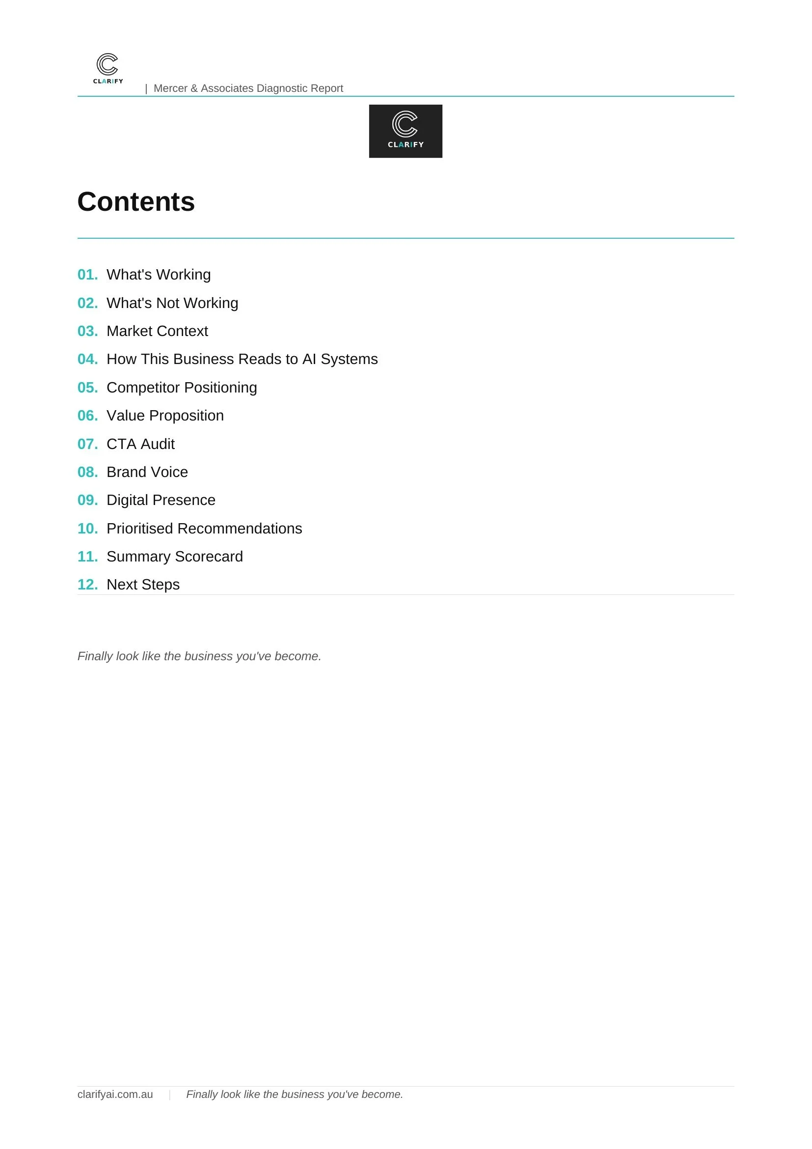 The cover page of a diagnostic report titled 'Mercer & Associates Diagnostic Report' with a contents list.