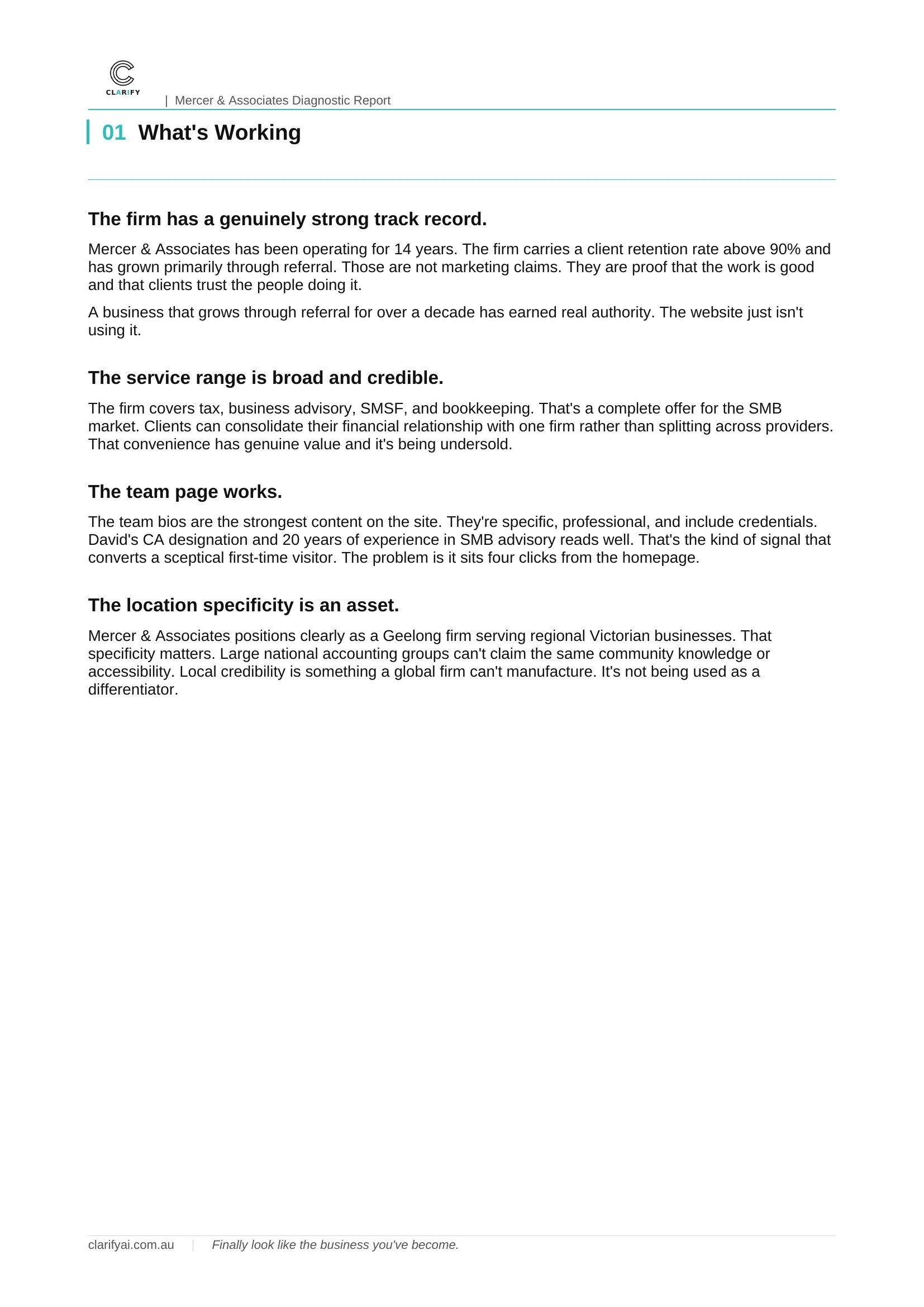 This is a page from a business report titled 'What's Working,' discussing the firm's strong track record, broad service range, effective team, and regional location advantages.