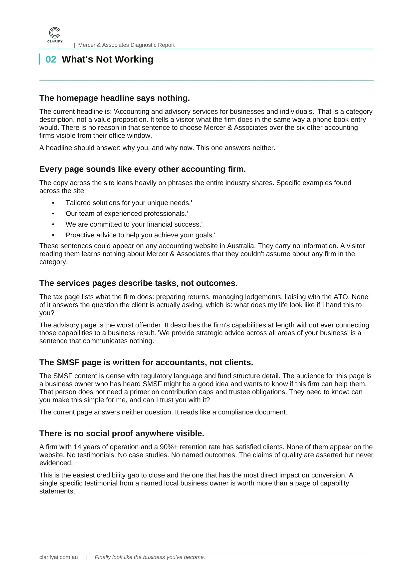 A detailed digital document titled 'Mercer & Associates Diagnostic Report' with a section heading 'What's Not Working' and various paragraphs discussing business analysis, without any images or visual elements, and a footer with the website 'clarifyai.com.au' and a tagline 'Finally look like the business you've become.'